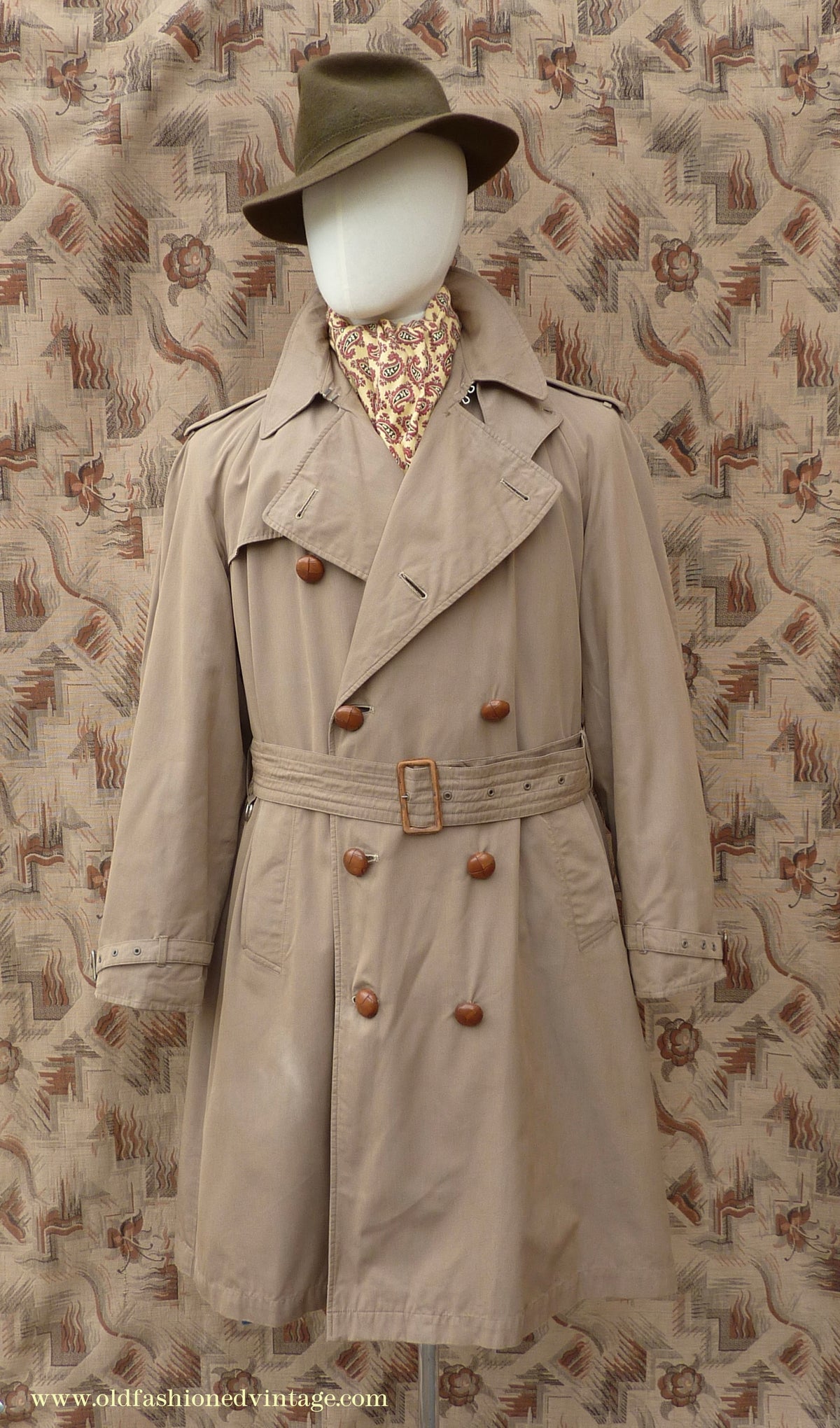 Vintage Mens 1940s 1950s Moss Bros Trench Coat Khaki Double Breasted Raincoat Mac L