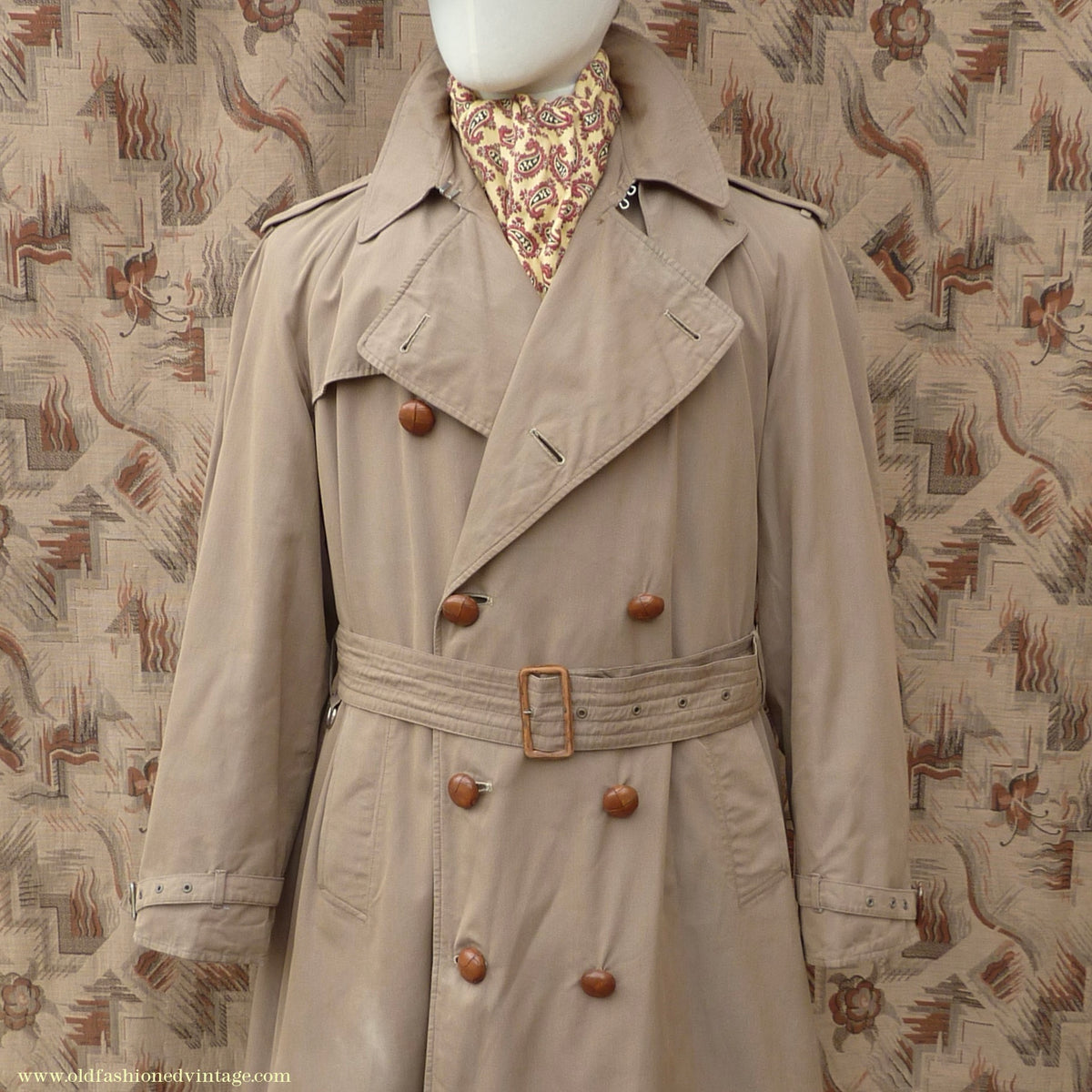 Vintage Mens 1940s 1950s Moss Bros Trench Coat Khaki Double Breasted Raincoat Mac L