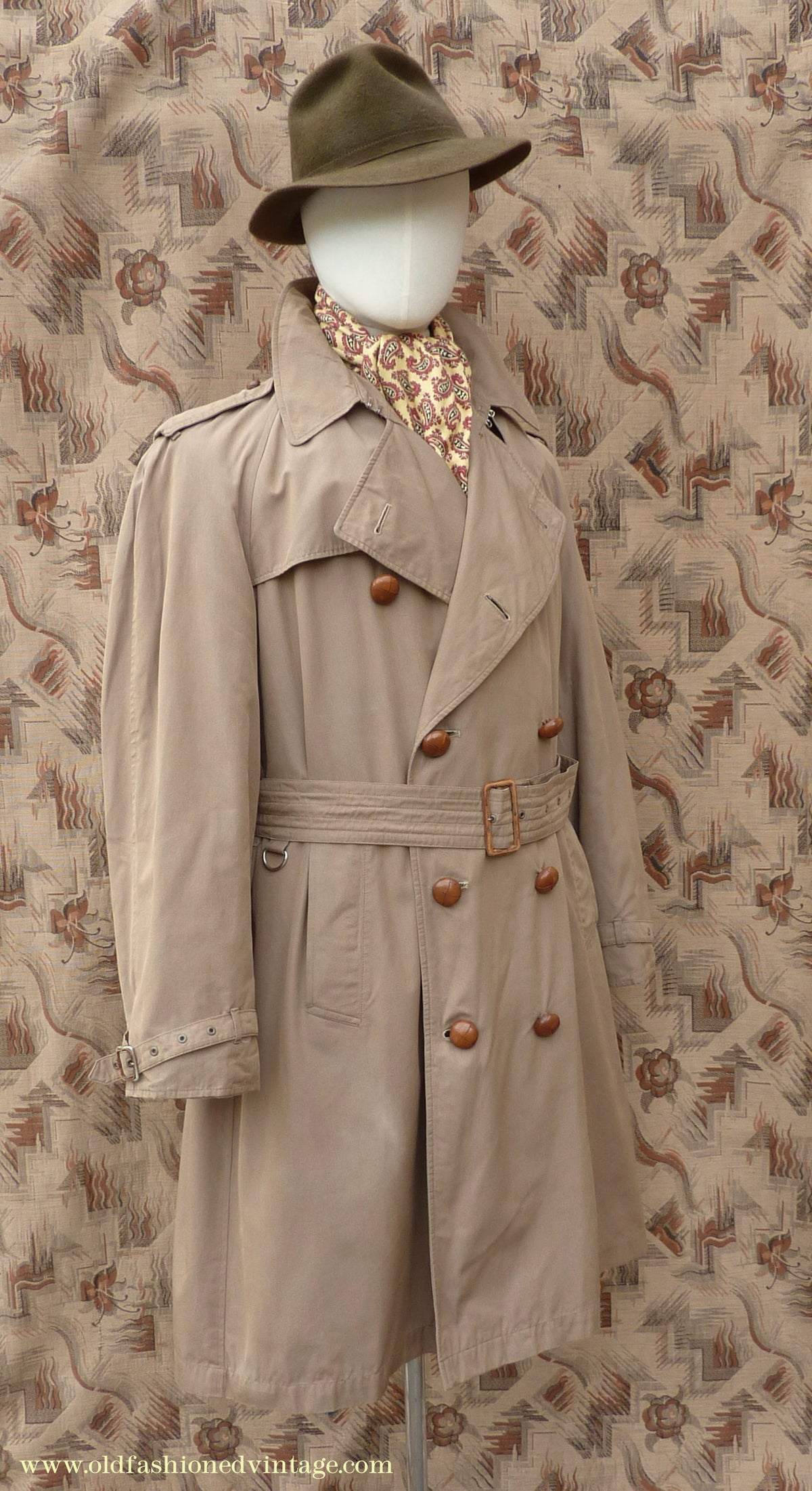 Vintage Mens 1940s 1950s Moss Bros Trench Coat Khaki Double Breasted Raincoat Mac L
