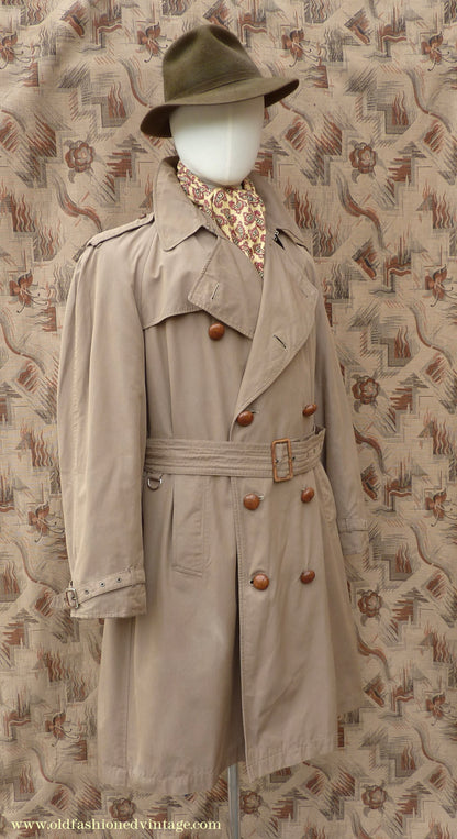 Vintage Mens 1940s 1950s Moss Bros Trench Coat Khaki Double Breasted Raincoat Mac L