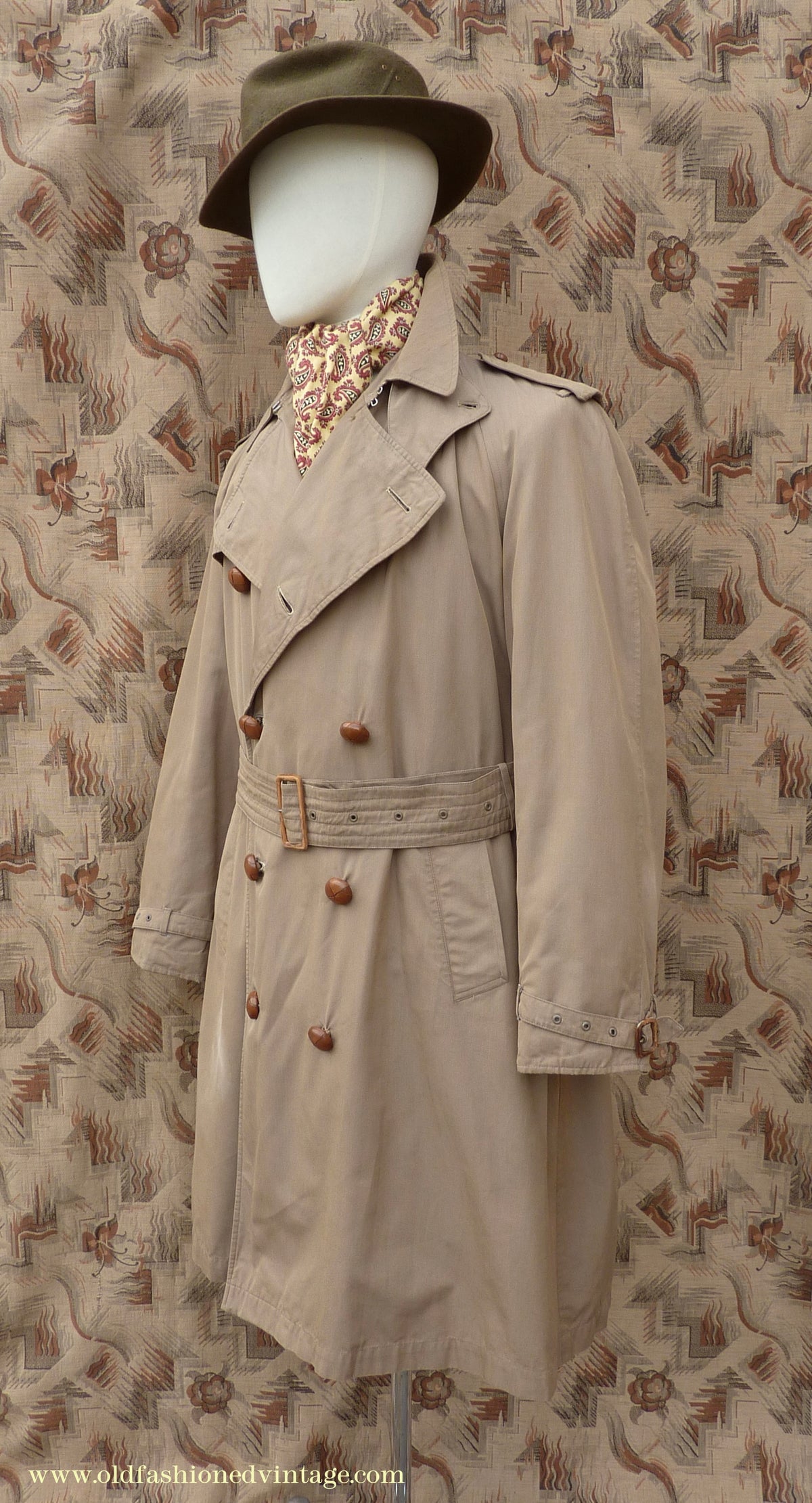 Vintage Mens 1940s 1950s Moss Bros Trench Coat Khaki Double Breasted Raincoat Mac L