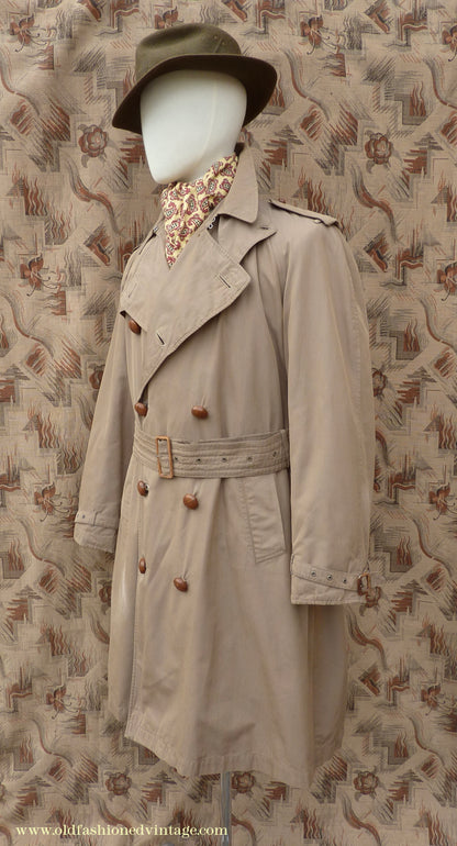 Vintage Mens 1940s 1950s Moss Bros Trench Coat Khaki Double Breasted Raincoat Mac L