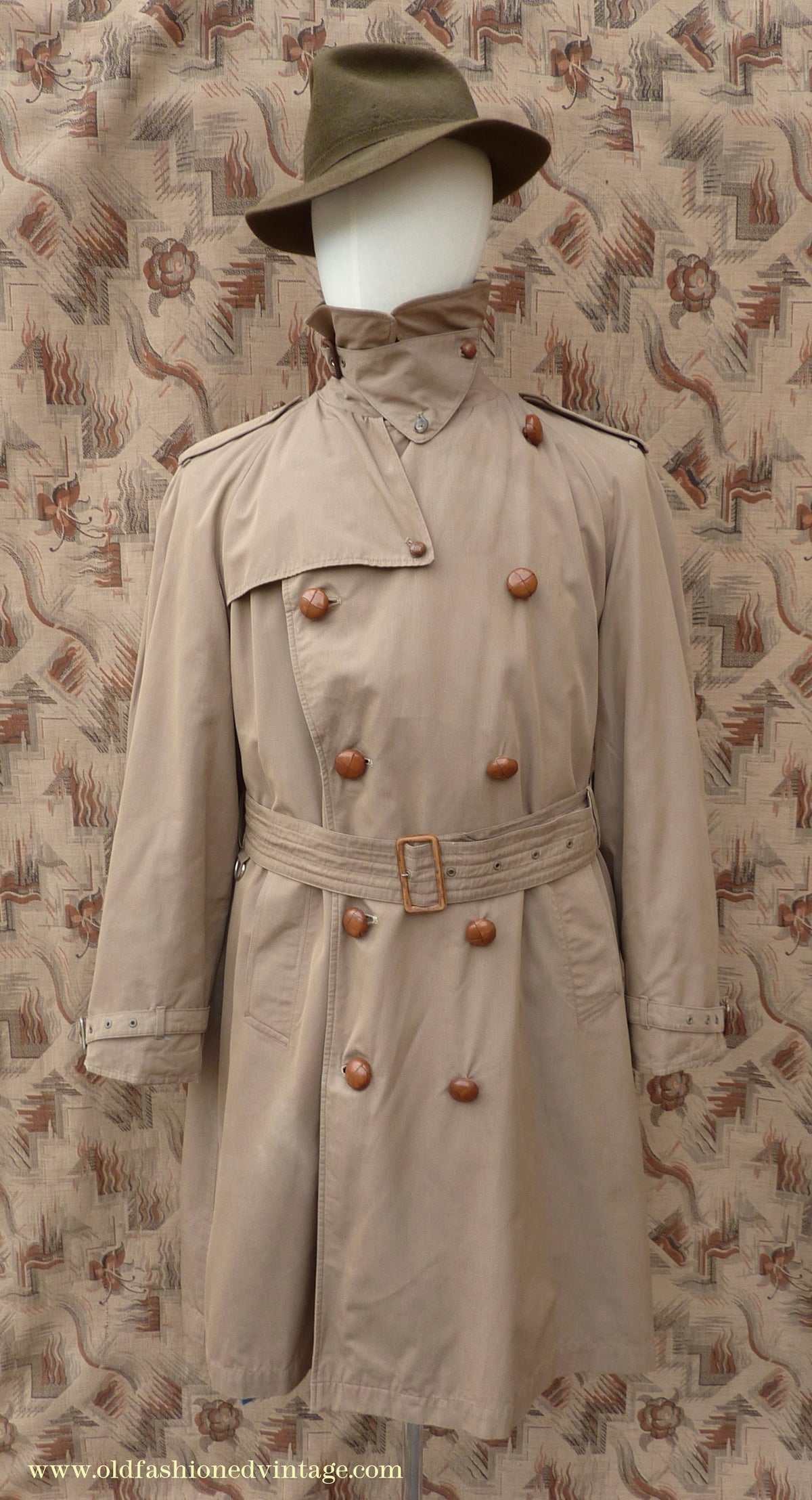 Vintage Mens 1940s 1950s Moss Bros Trench Coat Khaki Double Breasted Raincoat Mac L