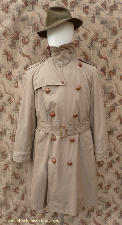 Vintage Mens 1940s 1950s Moss Bros Trench Coat Khaki Double Breasted Raincoat Mac L
