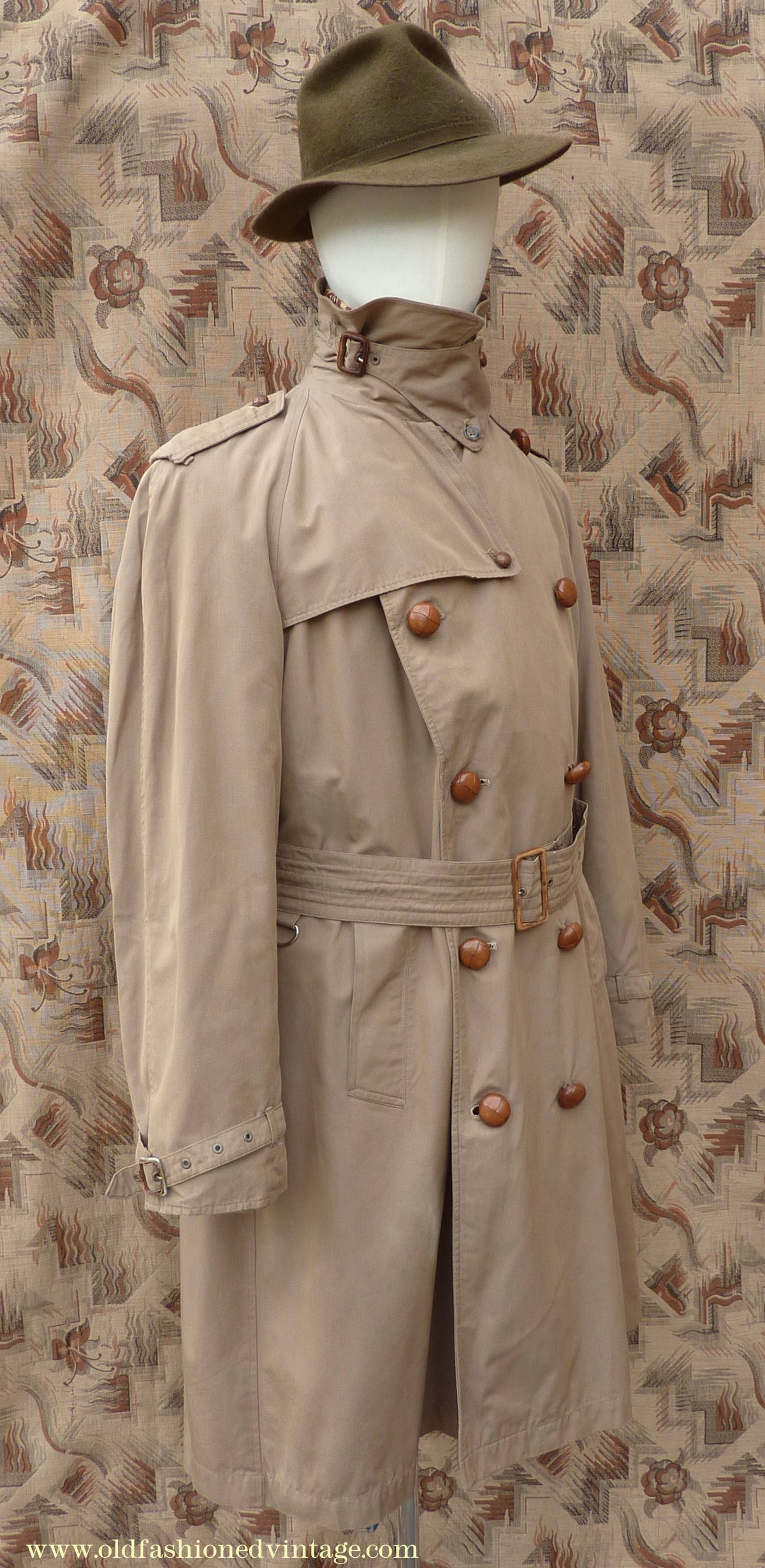 Vintage Mens 1940s 1950s Moss Bros Trench Coat Khaki Double Breasted Raincoat Mac L