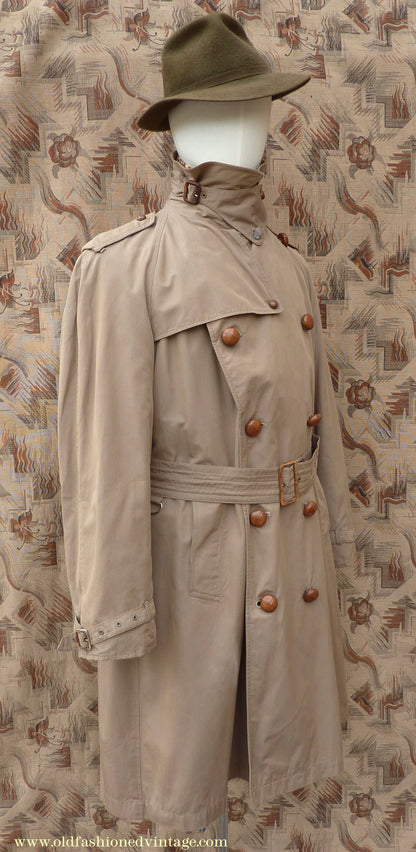 Vintage Mens 1940s 1950s Moss Bros Trench Coat Khaki Double Breasted Raincoat Mac L