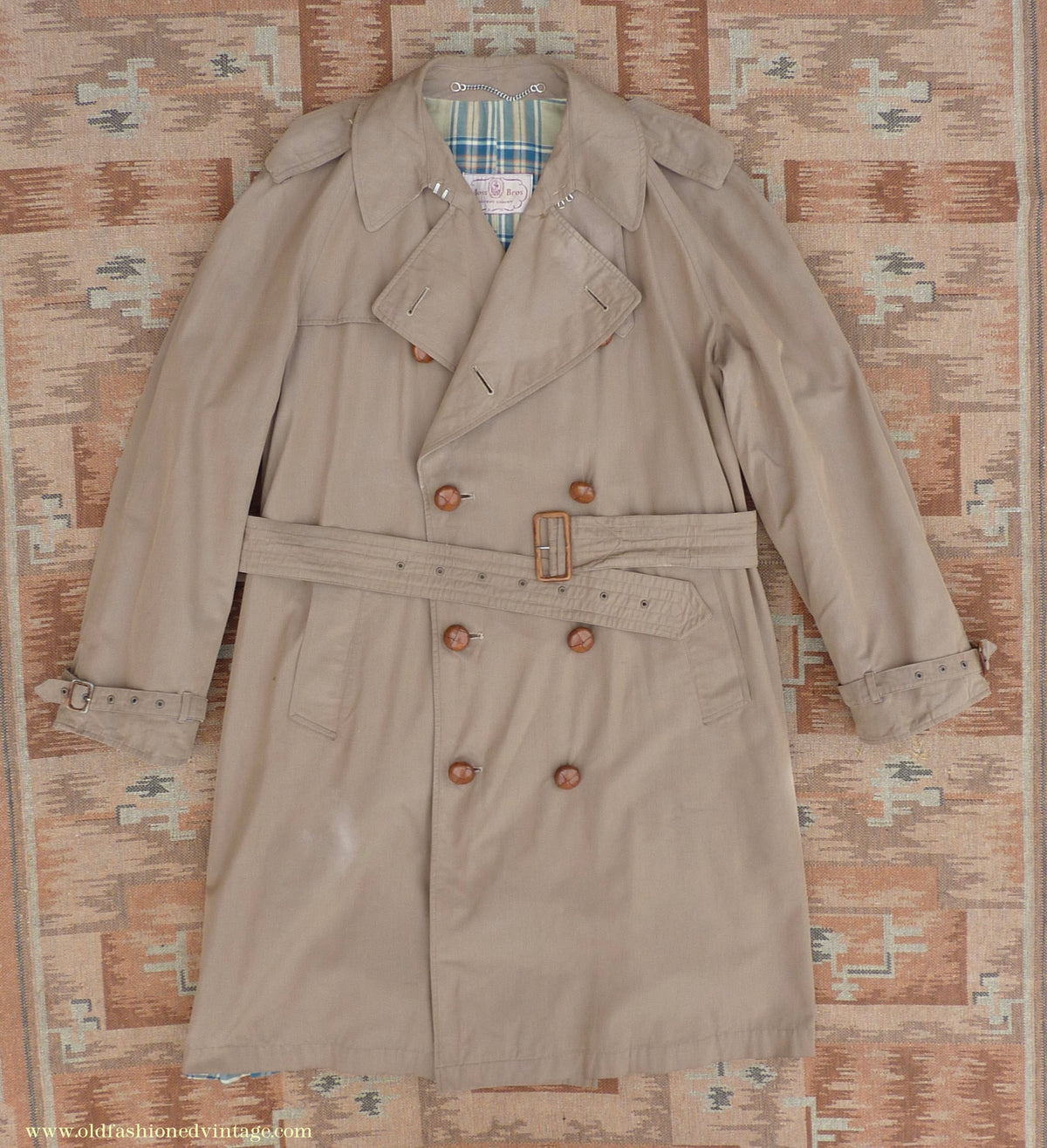 Vintage Mens 1940s 1950s Moss Bros Trench Coat Khaki Double Breasted Raincoat Mac L