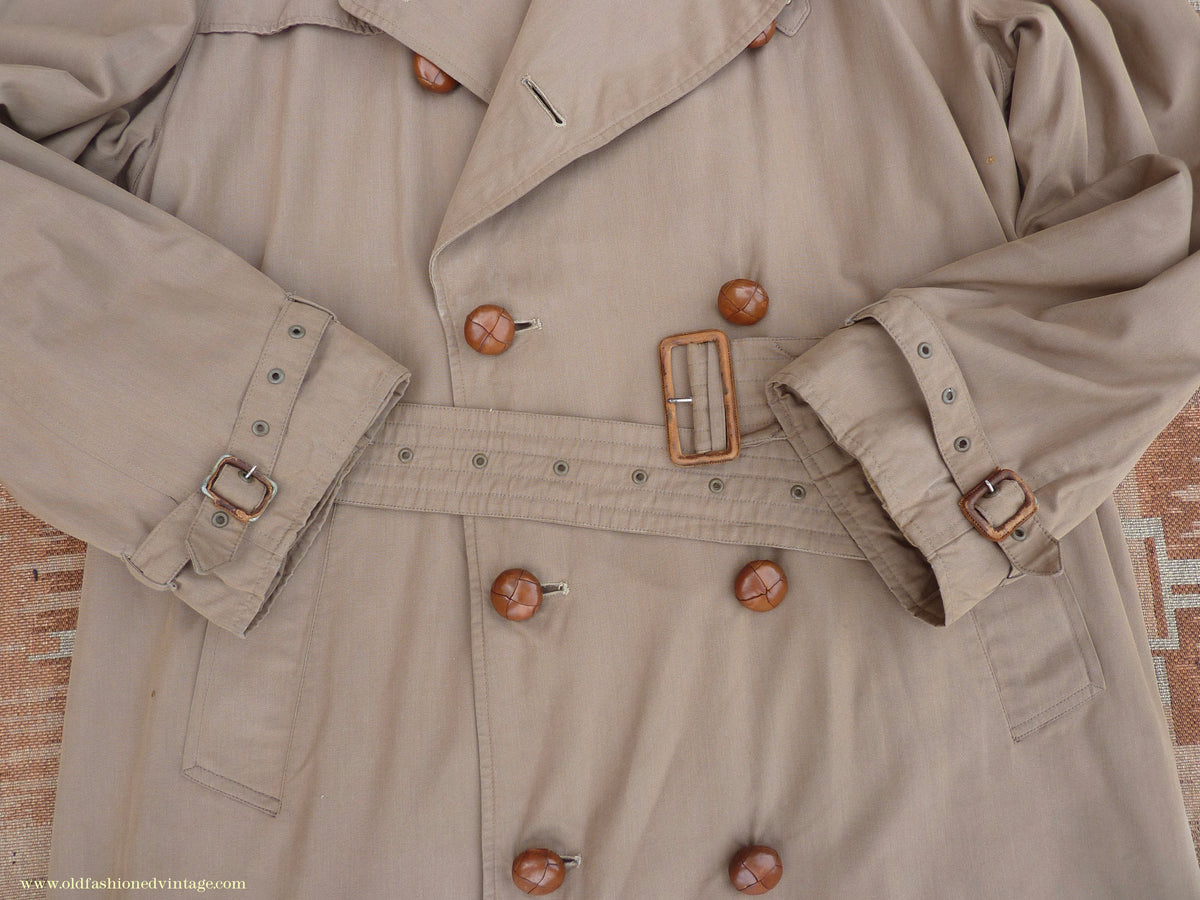 Vintage Mens 1940s 1950s Moss Bros Trench Coat Khaki Double Breasted Raincoat Mac L