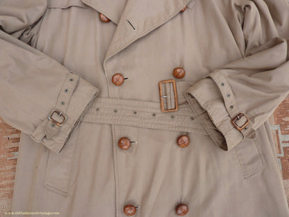 Vintage Mens 1940s 1950s Moss Bros Trench Coat Khaki Double Breasted Raincoat Mac L