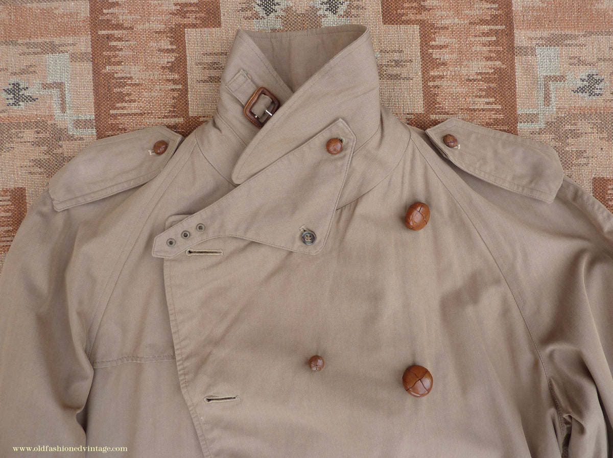Vintage Mens 1940s 1950s Moss Bros Trench Coat Khaki Double Breasted Raincoat Mac L