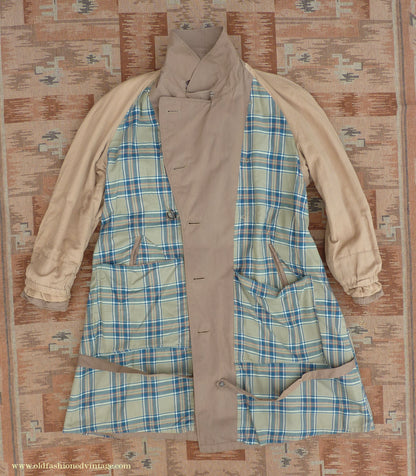 Vintage Mens 1940s 1950s Moss Bros Trench Coat Khaki Double Breasted Raincoat Mac L