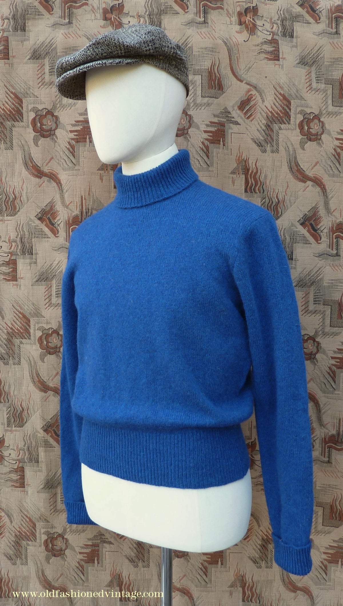 Old Fashioned Garments Vintage Reproduction 1940s Mens Polo Neck Jumper Ultramarine Blue Melange Roll Turtle Sweater M/L