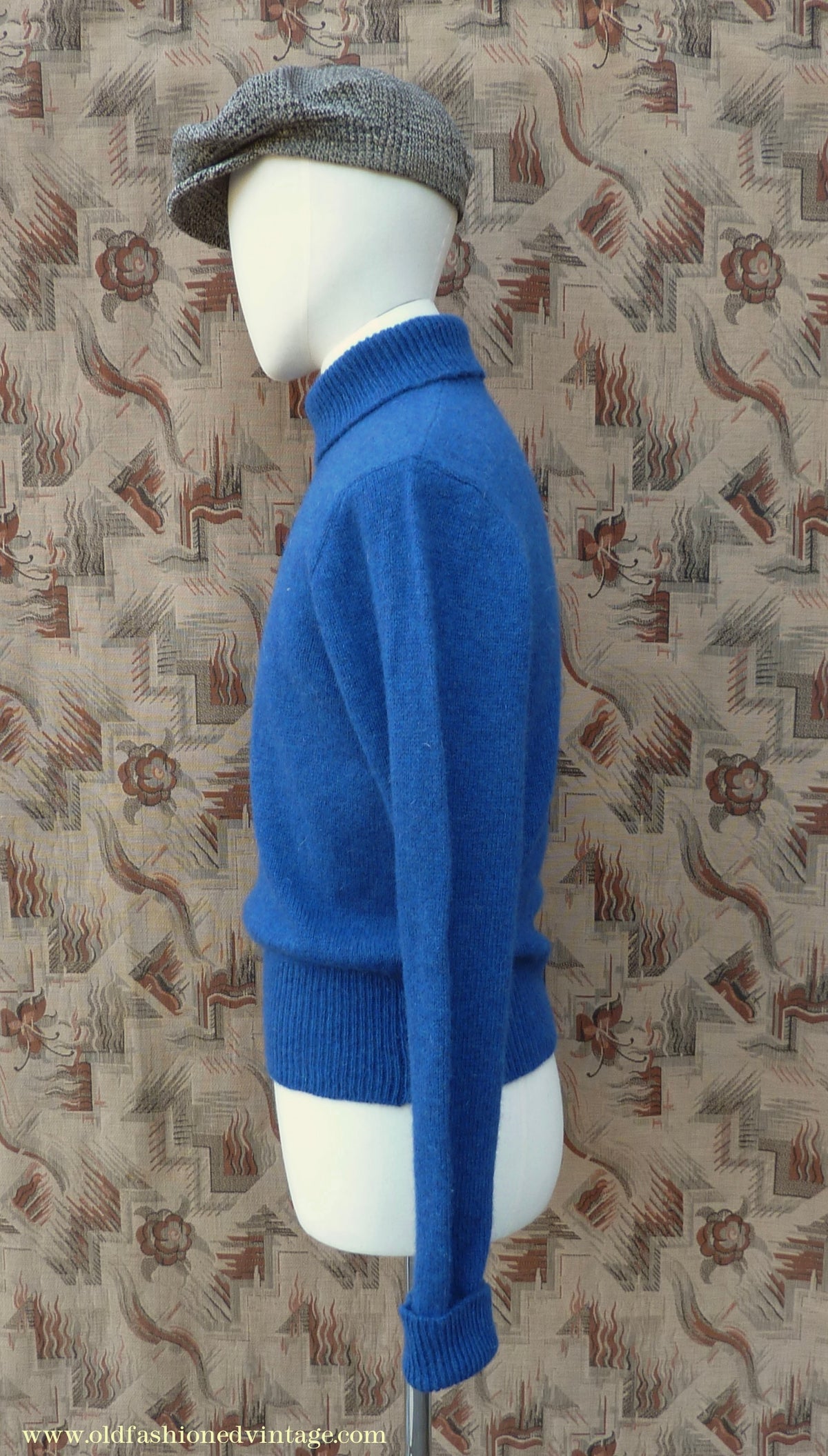 Old Fashioned Garments Vintage Reproduction 1940s Mens Polo Neck Jumper Ultramarine Blue Melange Roll Turtle Sweater M/L