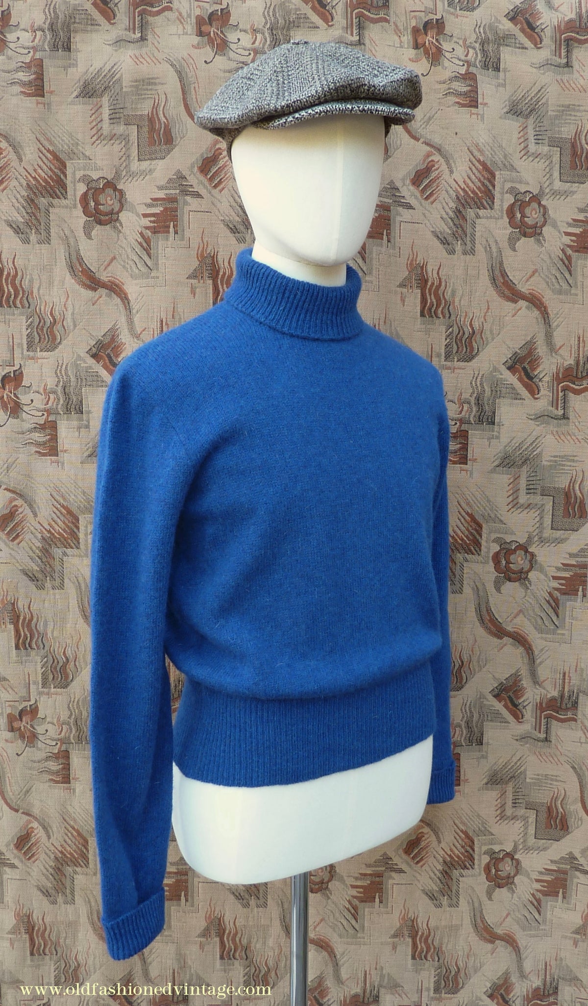 Old Fashioned Garments Vintage Reproduction 1940s Mens Polo Neck Jumper Ultramarine Blue Melange Roll Turtle Sweater M/L