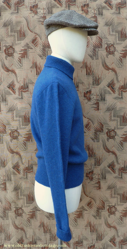 Old Fashioned Garments Vintage Reproduction 1940s Mens Polo Neck Jumper Ultramarine Blue Melange Roll Turtle Sweater M/L