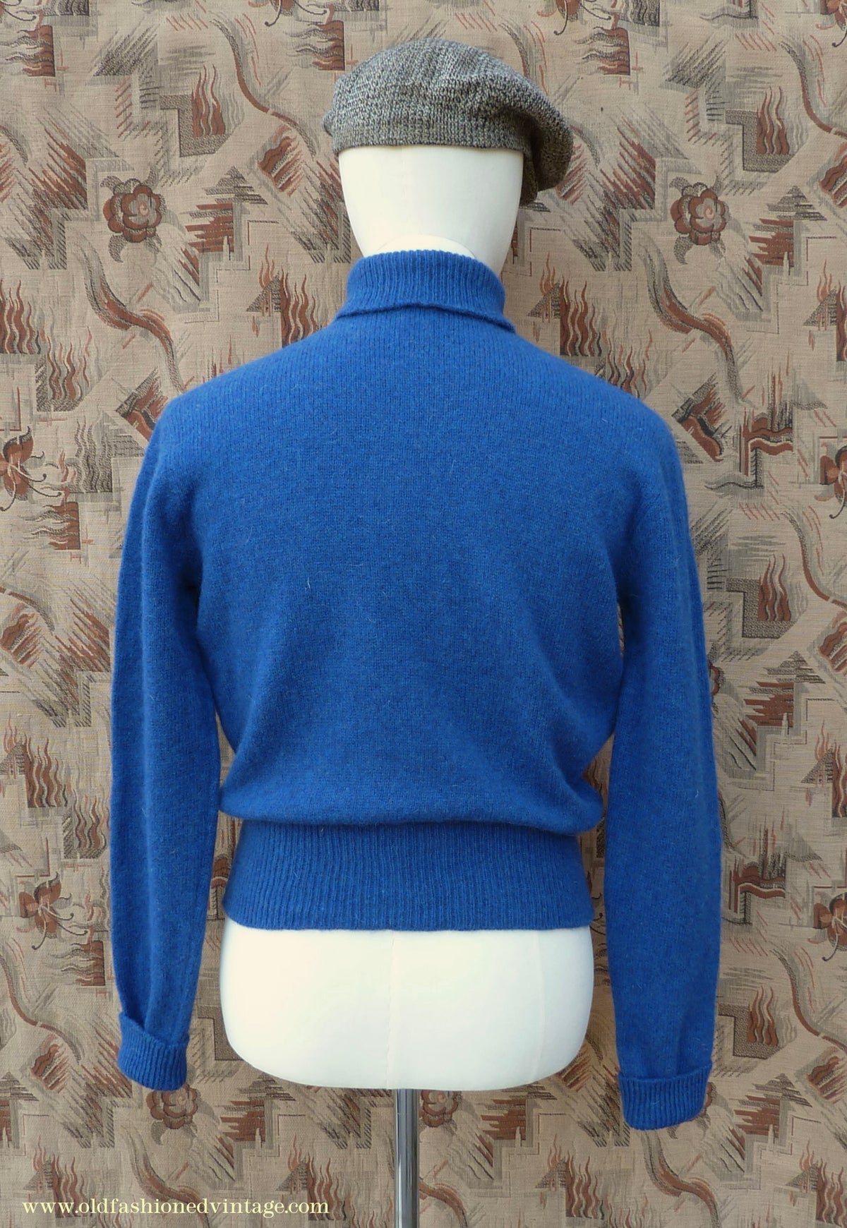 Old Fashioned Garments Vintage Reproduction 1940s Mens Polo Neck Jumper Ultramarine Blue Melange Roll Turtle Sweater M/L