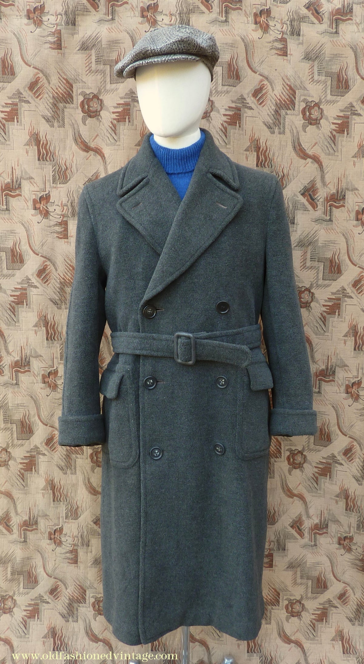 Vintage Mens 1940s Double Breasted Overcoat Coat Dark Grey Wool DB Belted 38"