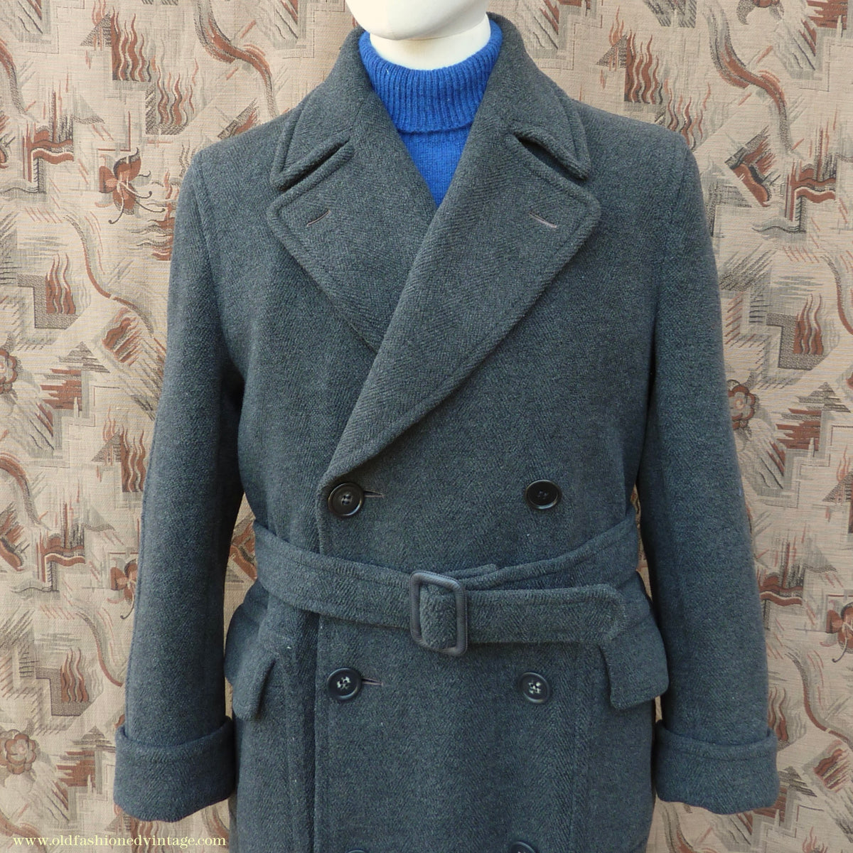 Vintage Mens 1940s Double Breasted Overcoat Coat Dark Grey Wool DB Belted 38"