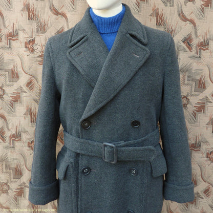 Vintage Mens 1940s Double Breasted Overcoat Coat Dark Grey Wool DB Belted 38"