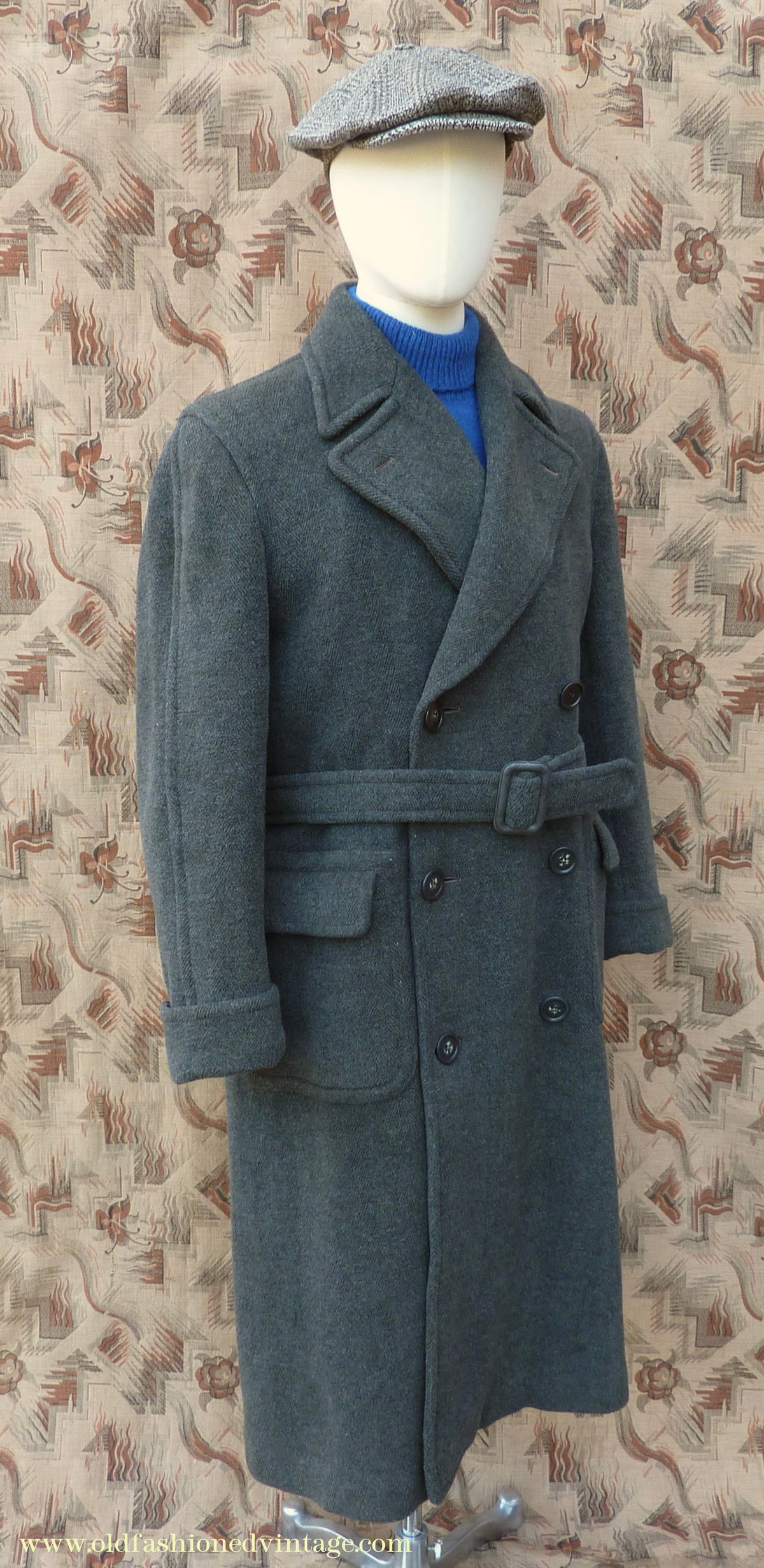 Vintage Mens 1940s Double Breasted Overcoat Coat Dark Grey Wool DB Belted 38"