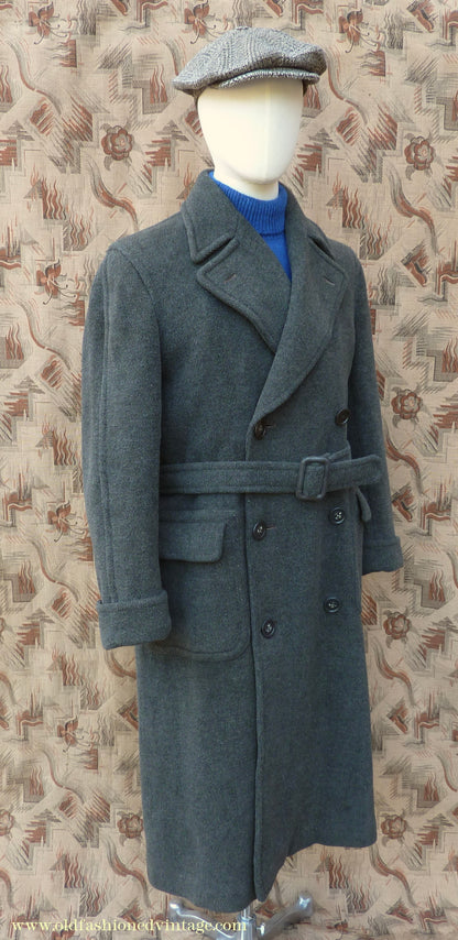 Vintage Mens 1940s Double Breasted Overcoat Coat Dark Grey Wool DB Belted 38"
