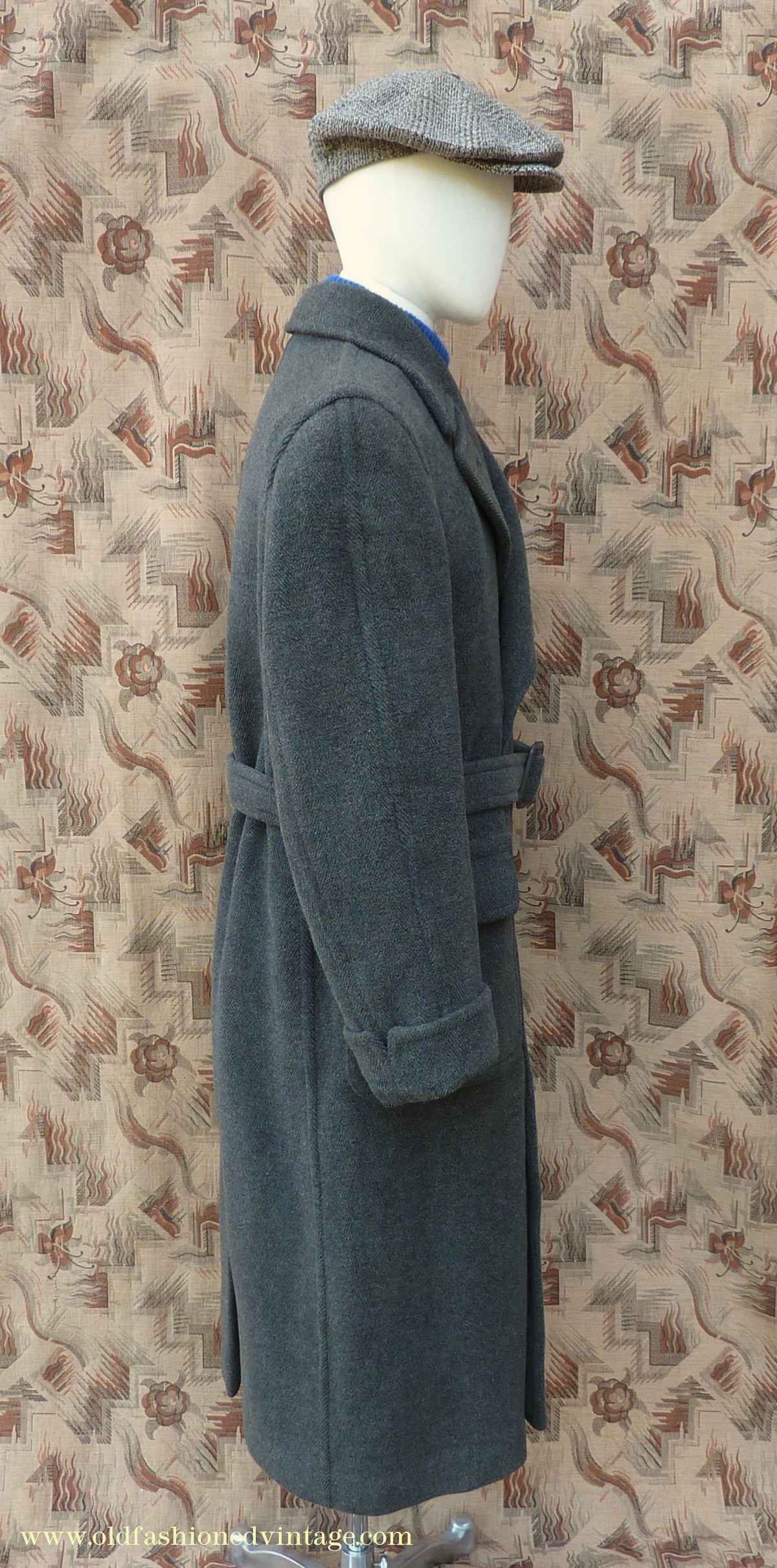Vintage Mens 1940s Double Breasted Overcoat Coat Dark Grey Wool DB Belted 38"