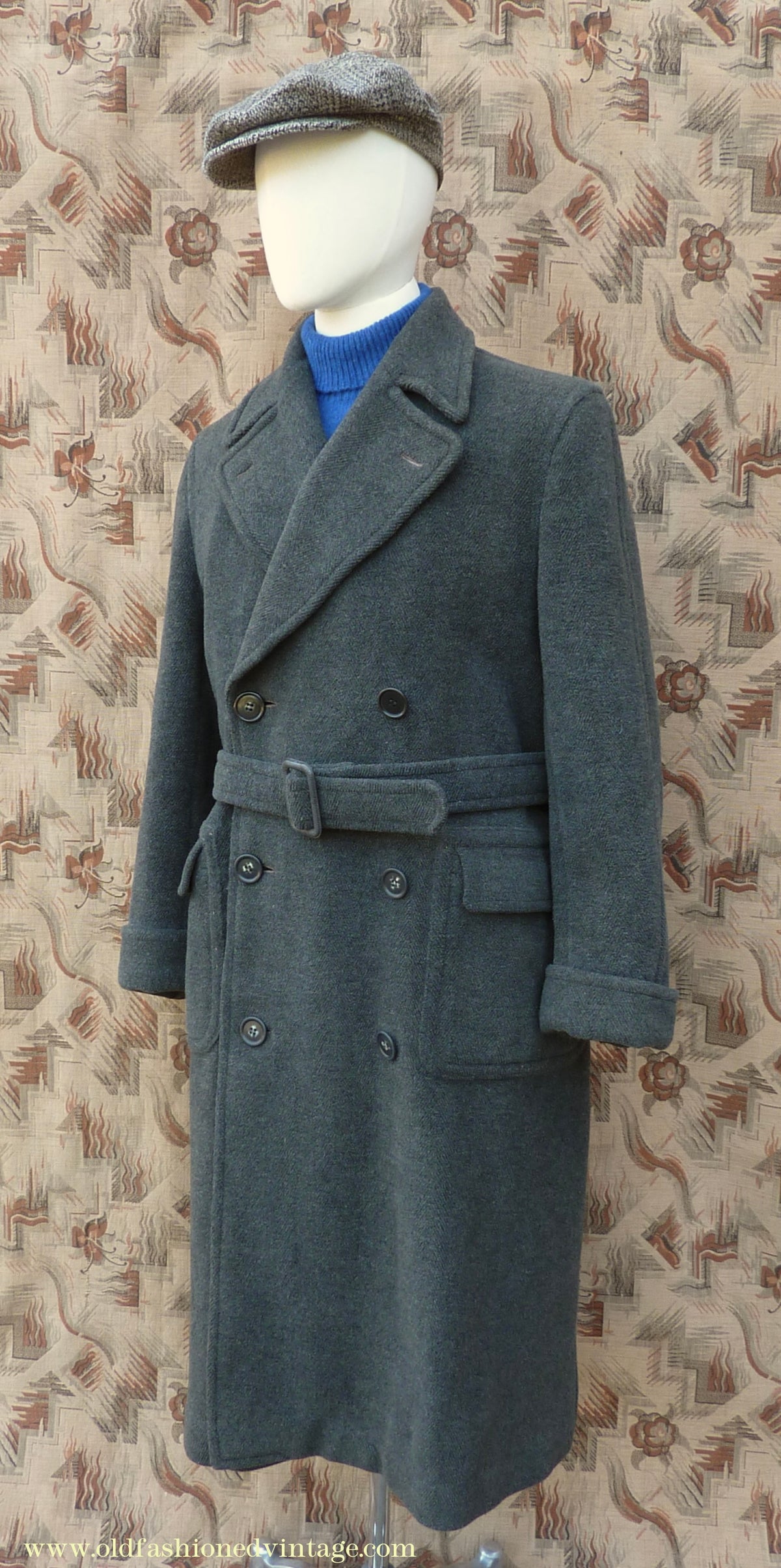 Vintage Mens 1940s Double Breasted Overcoat Coat Dark Grey Wool DB Belted 38"