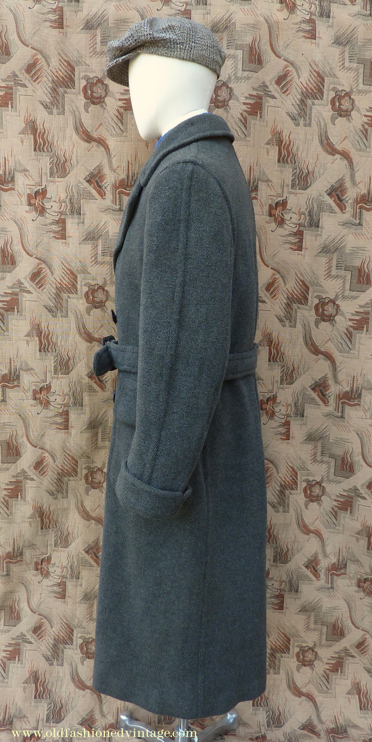Vintage Mens 1940s Double Breasted Overcoat Coat Dark Grey Wool DB Belted 38"