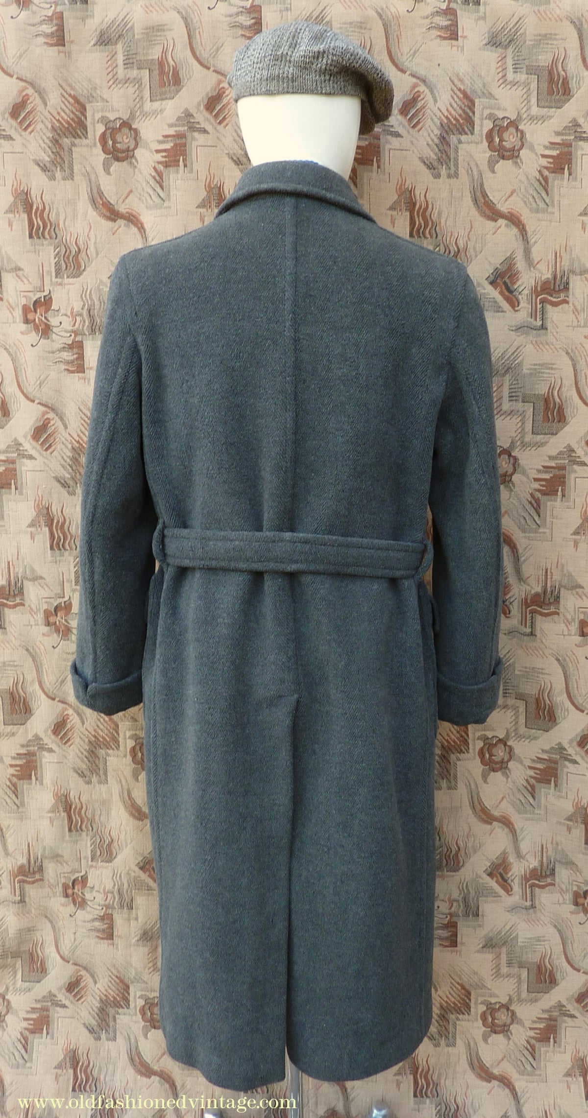 Vintage Mens 1940s Double Breasted Overcoat Coat Dark Grey Wool DB Belted 38"