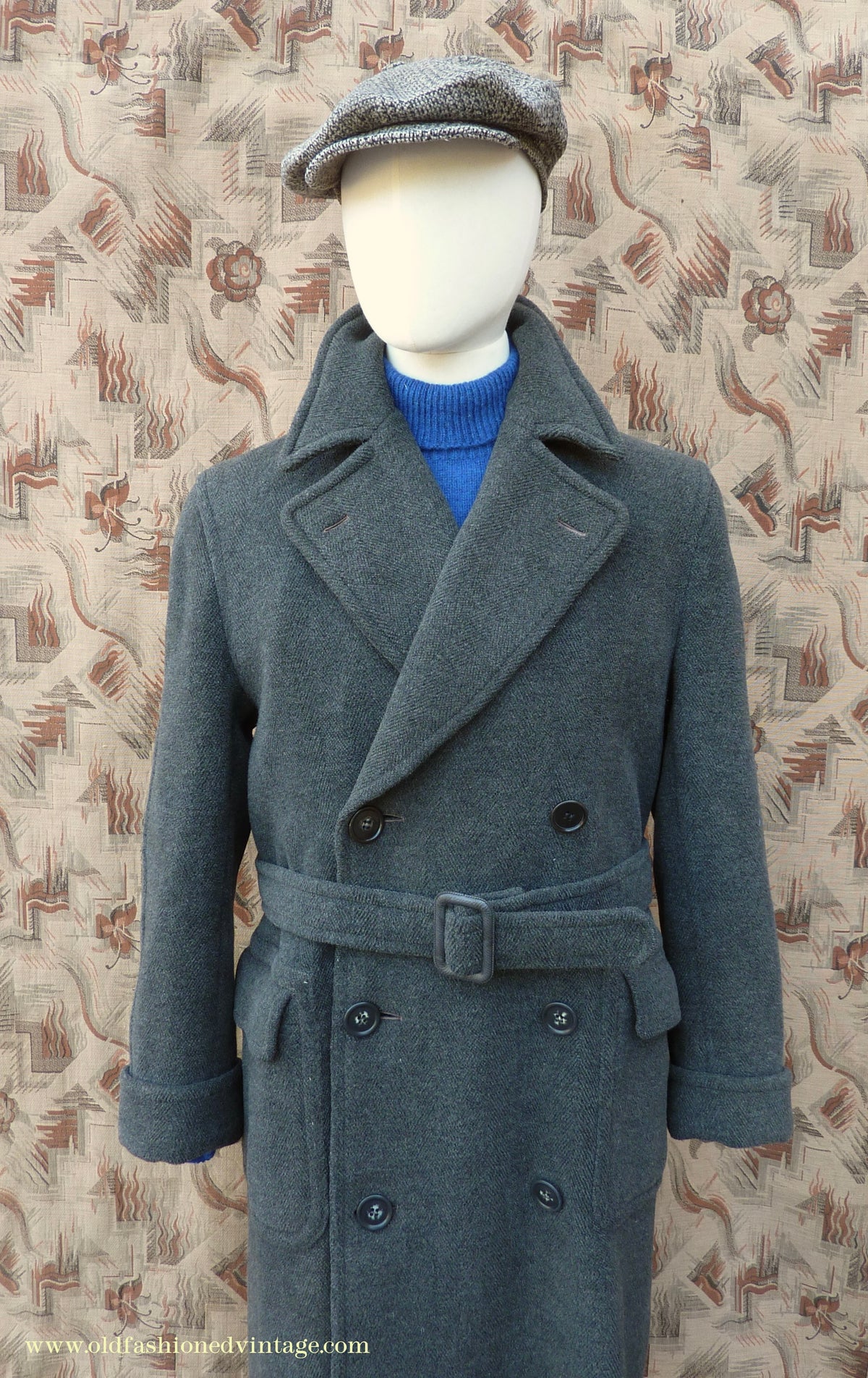 Vintage Mens 1940s Double Breasted Overcoat Coat Dark Grey Wool DB Belted 38"