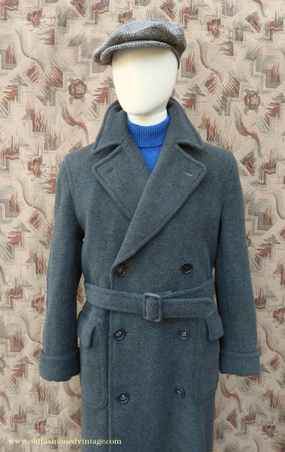 Vintage Mens 1940s Double Breasted Overcoat Coat Dark Grey Wool DB Belted 38"