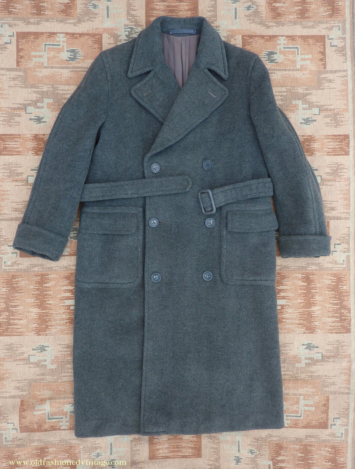 Vintage Mens 1940s Double Breasted Overcoat Coat Dark Grey Wool DB Belted 38"