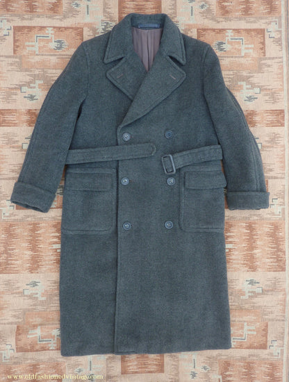 Vintage Mens 1940s Double Breasted Overcoat Coat Dark Grey Wool DB Belted 38"