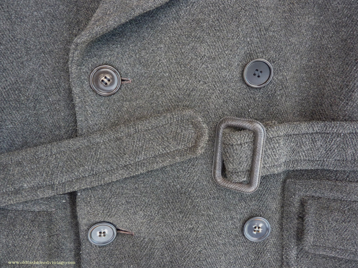 Vintage Mens 1940s Double Breasted Overcoat Coat Dark Grey Wool DB Belted 38"