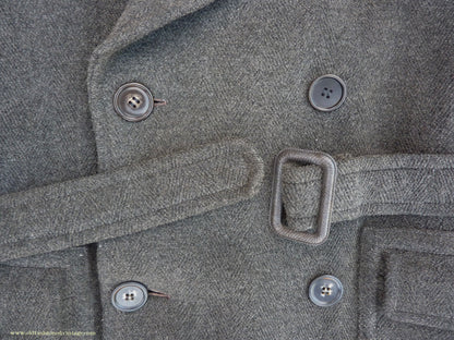 Vintage Mens 1940s Double Breasted Overcoat Coat Dark Grey Wool DB Belted 38"