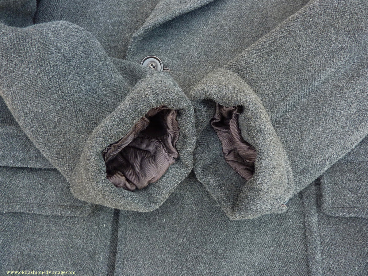 Vintage Mens 1940s Double Breasted Overcoat Coat Dark Grey Wool DB Belted 38"