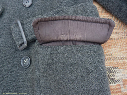 Vintage Mens 1940s Double Breasted Overcoat Coat Dark Grey Wool DB Belted 38"