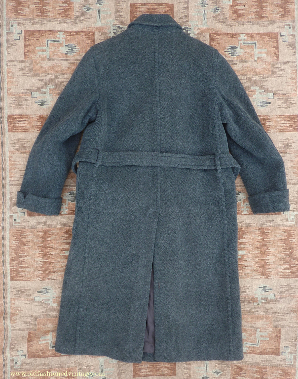 Vintage Mens 1940s Double Breasted Overcoat Coat Dark Grey Wool DB Belted 38"