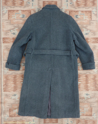 Vintage Mens 1940s Double Breasted Overcoat Coat Dark Grey Wool DB Belted 38"
