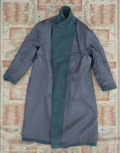 Vintage Mens 1940s Double Breasted Overcoat Coat Dark Grey Wool DB Belted 38"