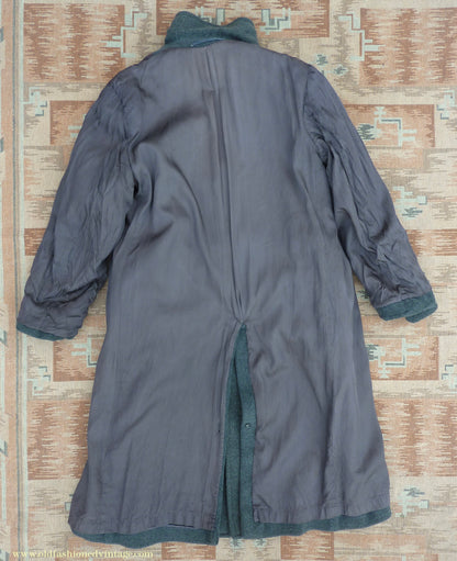 Vintage Mens 1940s Double Breasted Overcoat Coat Dark Grey Wool DB Belted 38"