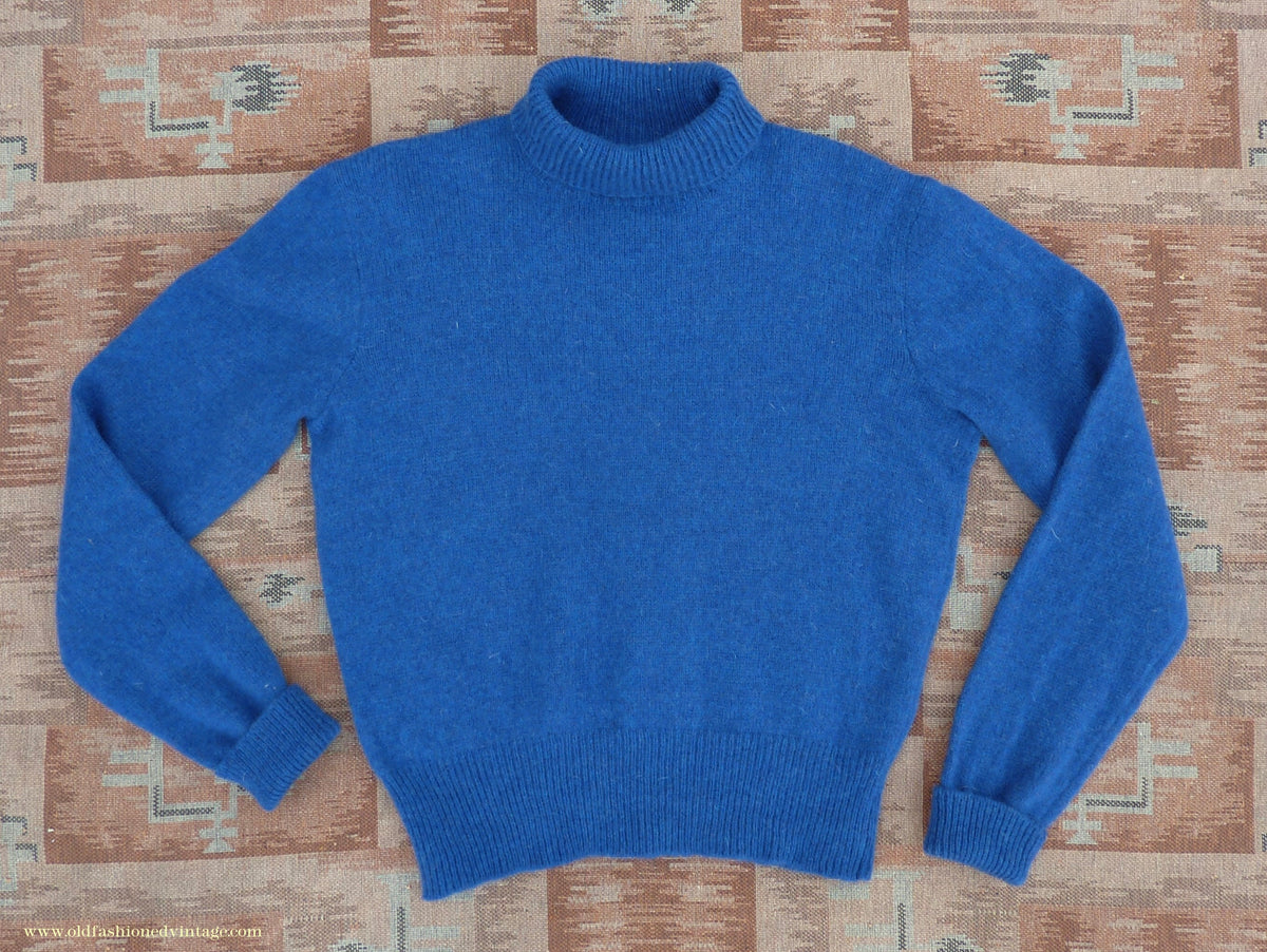 Old Fashioned Garments Vintage Reproduction 1940s Mens Polo Neck Jumper Ultramarine Blue Melange Roll Turtle Sweater M/L