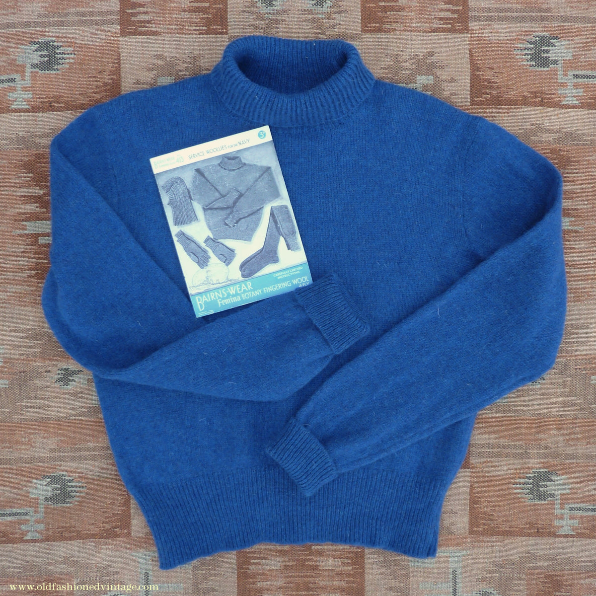 Old Fashioned Garments Vintage Reproduction 1940s Mens Polo Neck Jumper Ultramarine Blue Melange Roll Turtle Sweater M/L