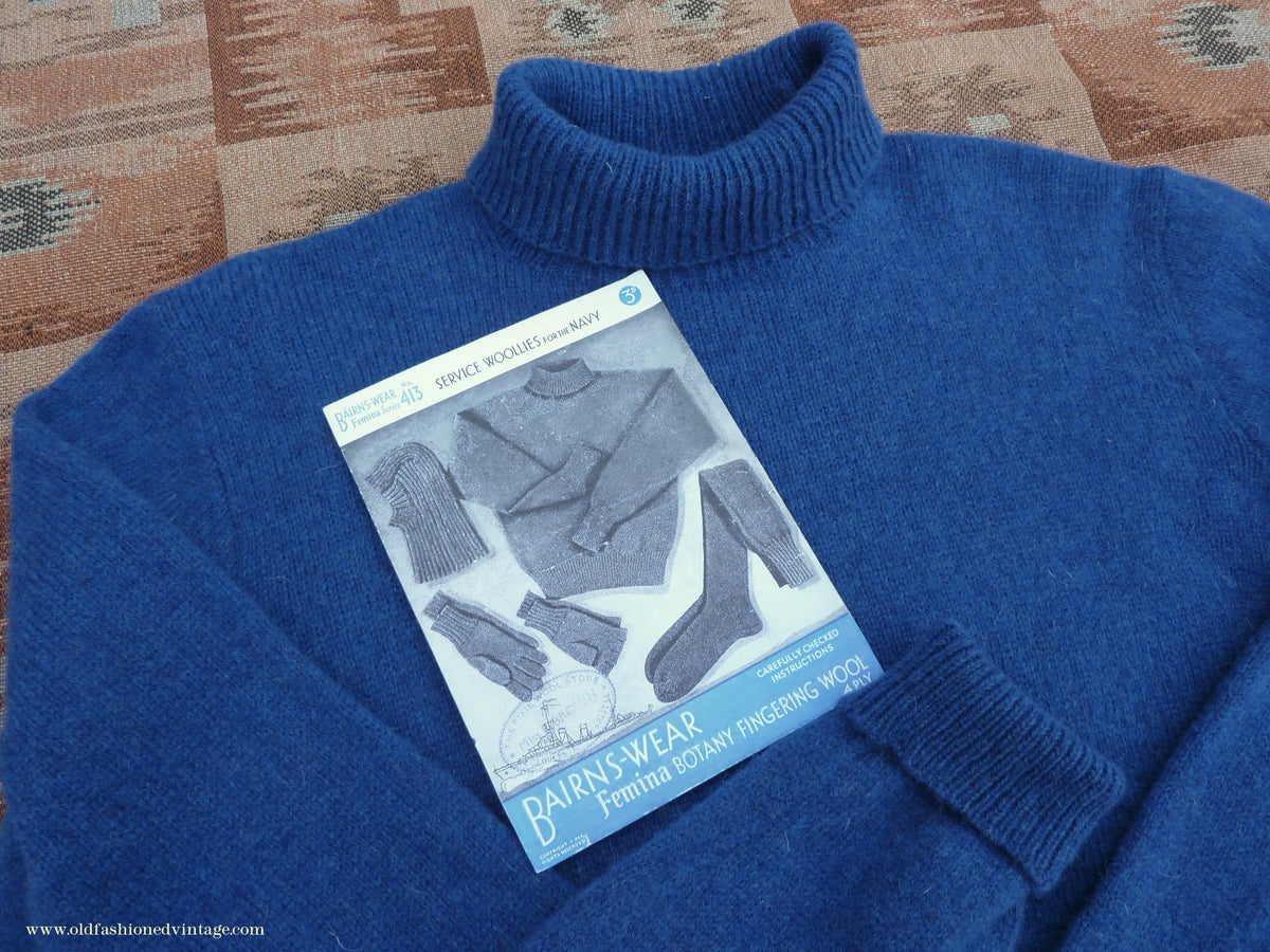 Old Fashioned Garments Vintage Reproduction 1940s Mens Polo Neck Jumper Ultramarine Blue Melange Roll Turtle Sweater M/L