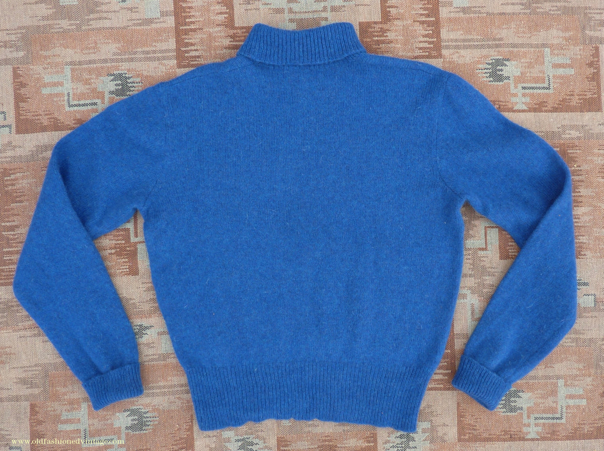 Old Fashioned Garments Vintage Reproduction 1940s Mens Polo Neck Jumper Ultramarine Blue Melange Roll Turtle Sweater M/L