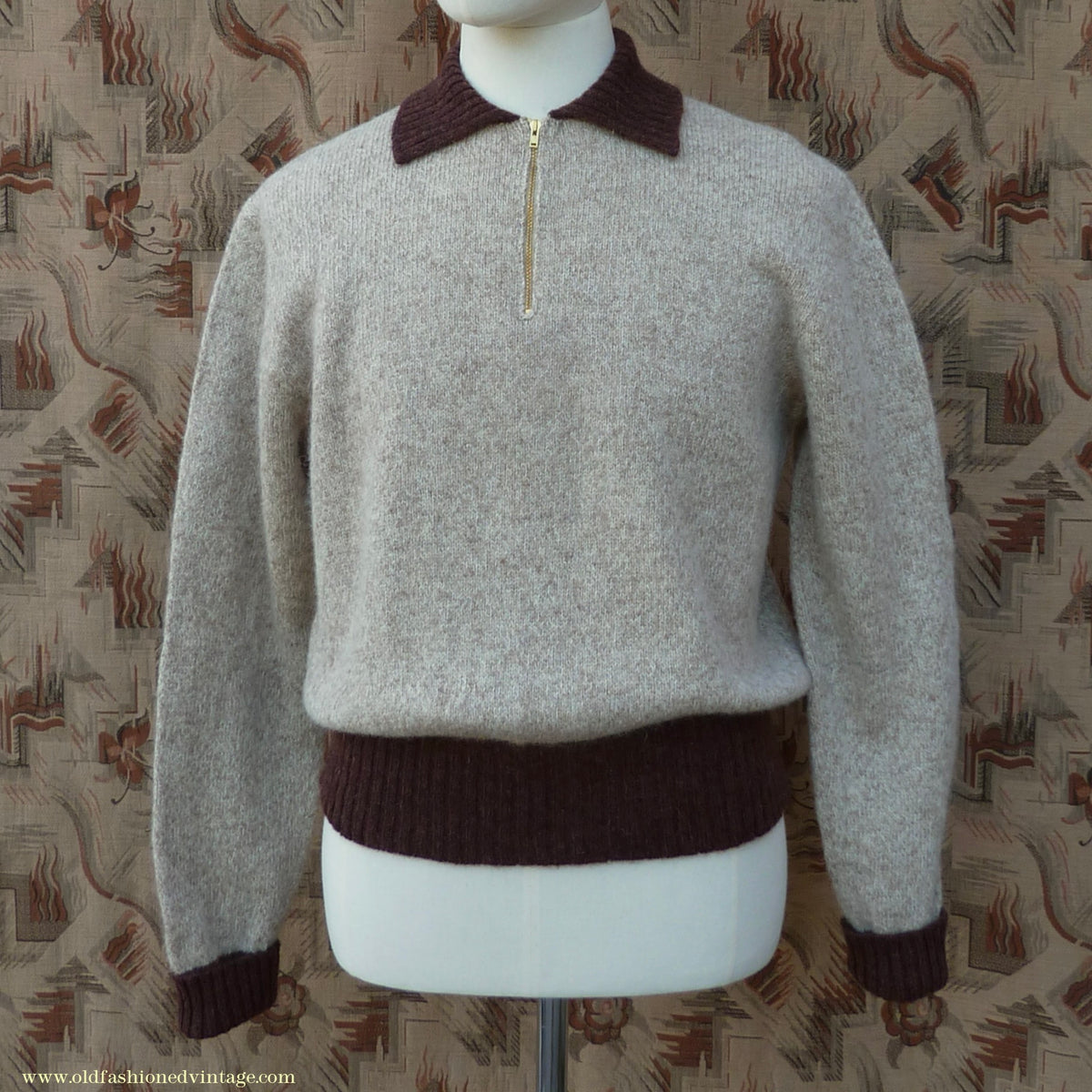 Old Fashioned Garments Vintage Reproduction 1940s Mens Zip Neck Jumper Two Tone Oatmeal & Brown Polo Collar Sweater Lumberjacket  L