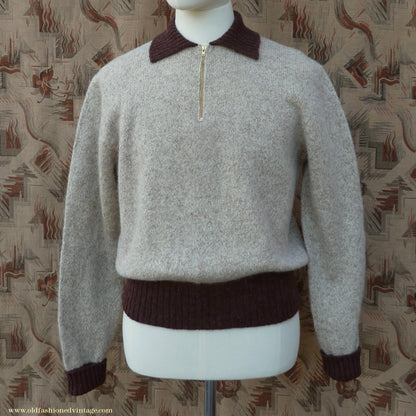 Old Fashioned Garments Vintage Reproduction 1940s Mens Zip Neck Jumper Two Tone Oatmeal & Brown Polo Collar Sweater Lumberjacket  L