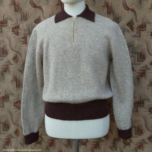 Old Fashioned Garments Vintage Reproduction 1940s Mens Zip Neck Jumper Two Tone Oatmeal & Brown Polo Collar Sweater Lumberjacket  L