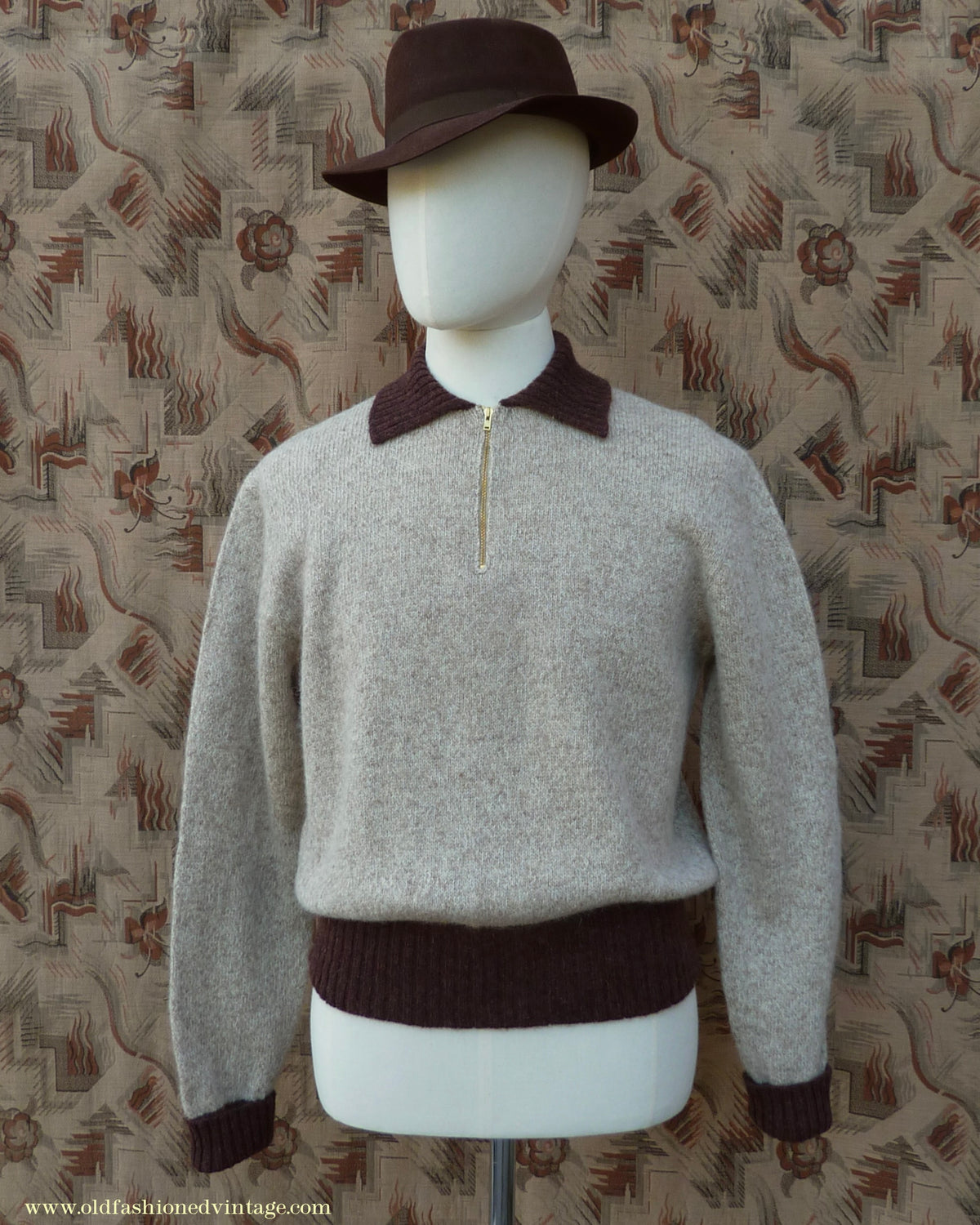 Old Fashioned Garments Vintage Reproduction 1940s Mens Zip Neck Jumper Two Tone Oatmeal & Brown Polo Collar Sweater Lumberjacket  L