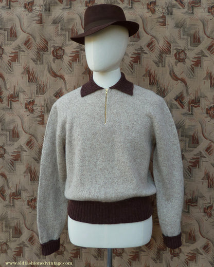 Old Fashioned Garments Vintage Reproduction 1940s Mens Zip Neck Jumper Two Tone Oatmeal & Brown Polo Collar Sweater Lumberjacket  L